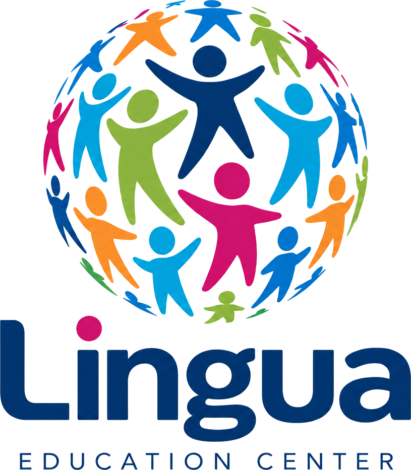 Lingua Education Center logo — a colorful globe made of people above the Lingua wordmark